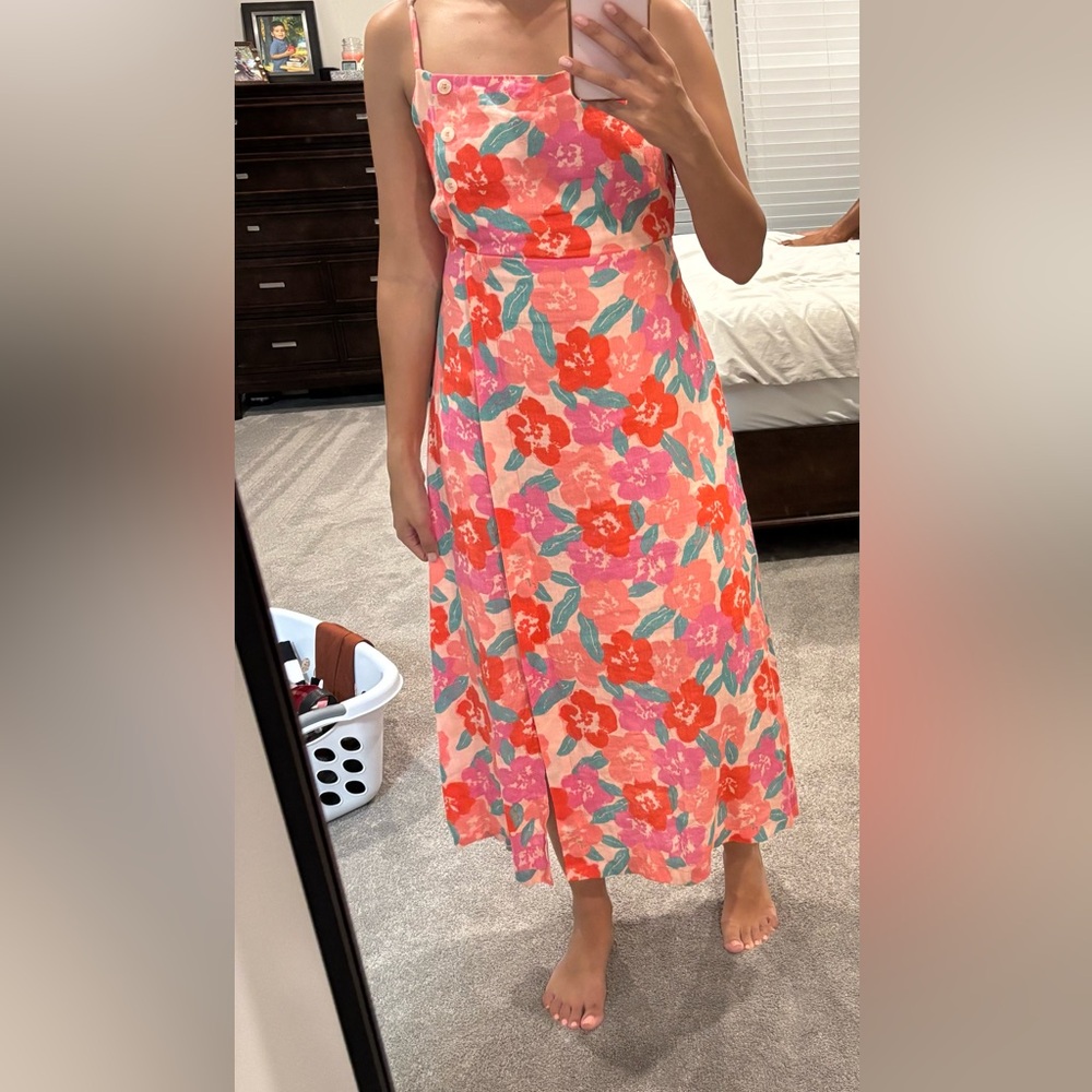 Linen Floral Sleeveless Dress - Pink and Orange